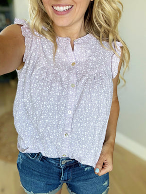 Going Up Button Down Floral Top In Lavender