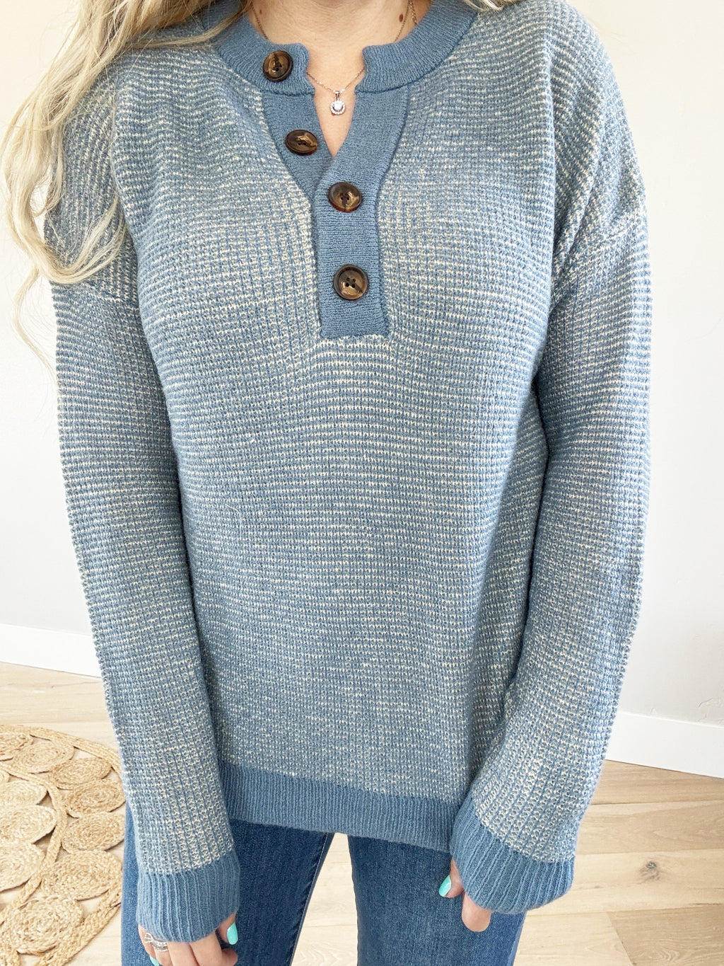 One Foot Forward Henley Pullover Sweater in Denim