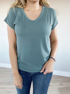 Wanted V-Neck Pointelle Knit Top in Dusty Blue