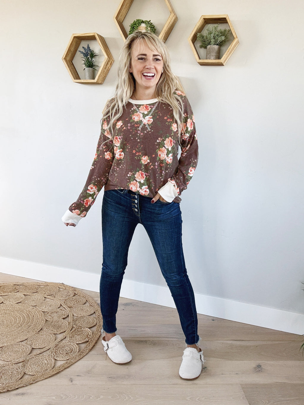 High Tea Ribbed Top in Brown Floral