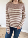 Girlfriend Contrast Striped Henley Top in Mocha and Stone