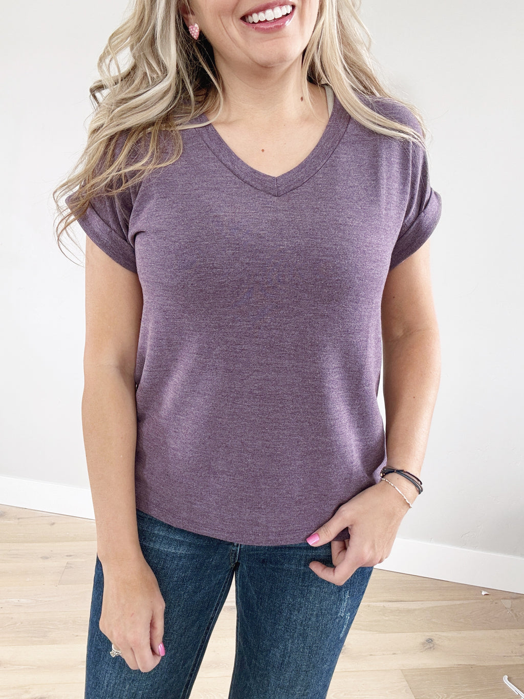 Love Shack V-Neck French Terry Top In Eggplant