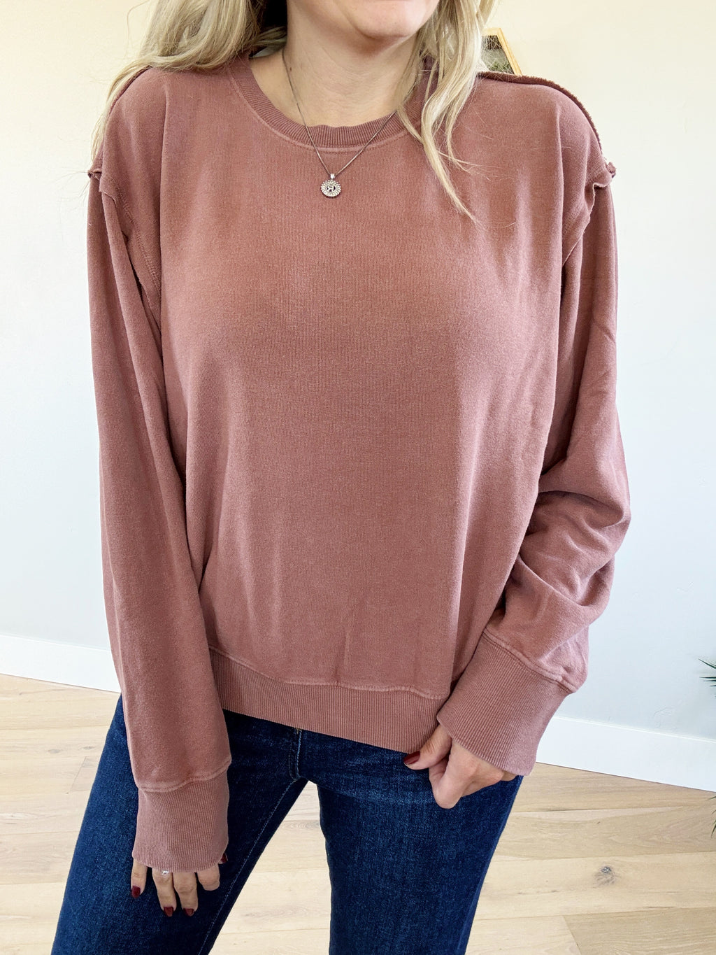 On the Line Drop Shoulder Crew Neck Sweater in Chestnut