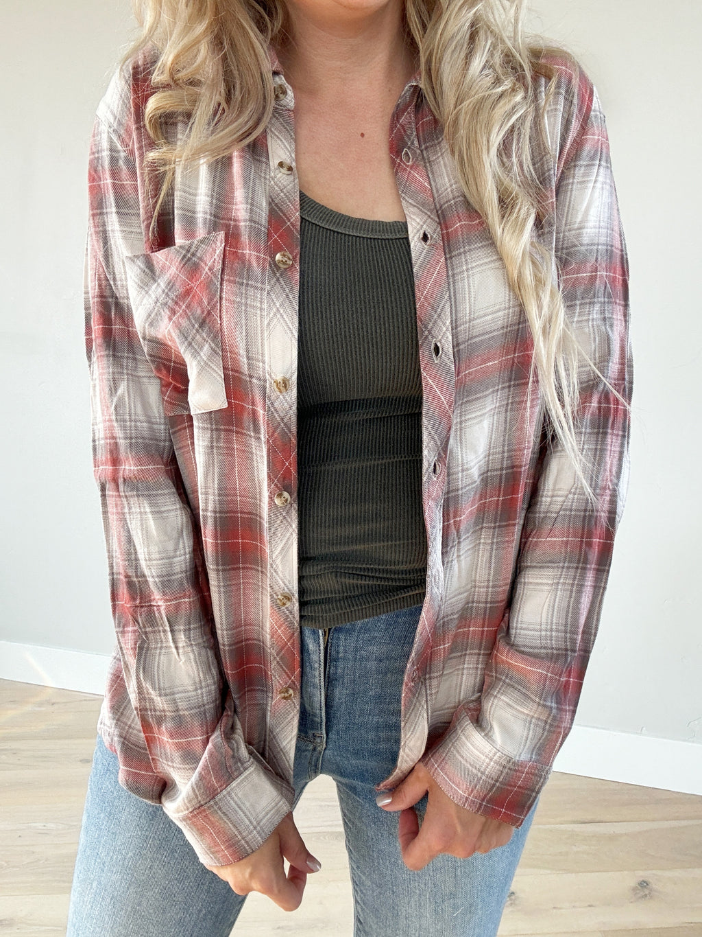 Always On Trend Flannel in Red & Earth Gray