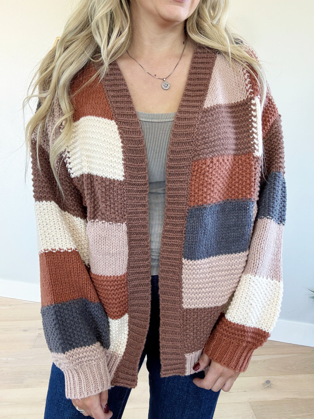 Seize the Day Checker Block Sweater Cardigan in Mocha Brown