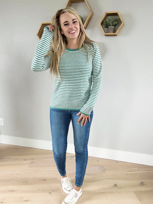 Big Business Striped Crew Neck Pullover in Light Jade