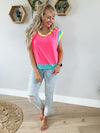 Solutions Jersey Color Block Top in Neon Pink, Jade, & Yellow