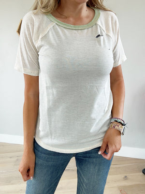 Big Deal Vintage Cut Contrast Ribbed T-Shirt in Oatmeal & Green (SALE)