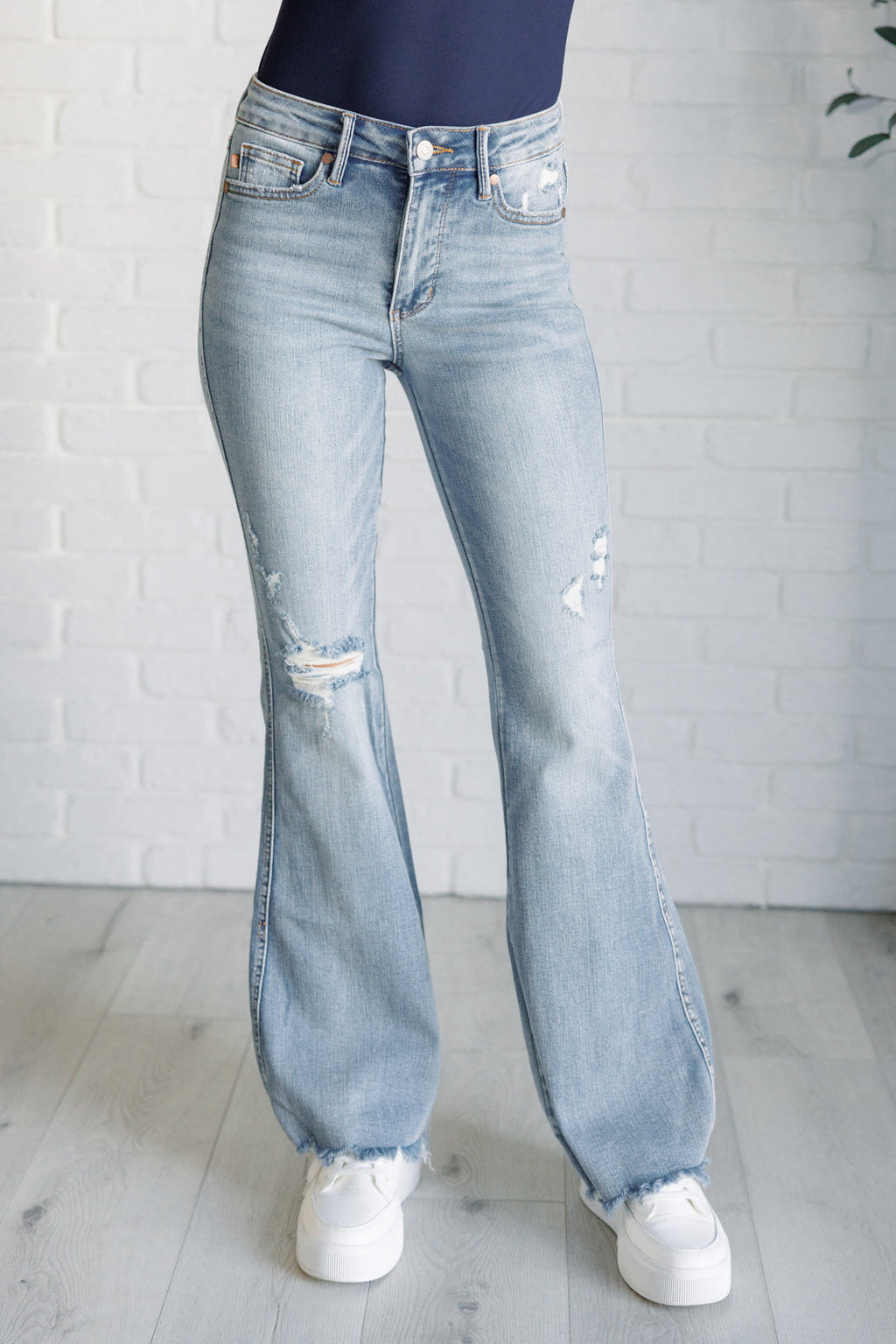 Judy Blue Mid Rise Tummy Control Distressed Flare Jeans