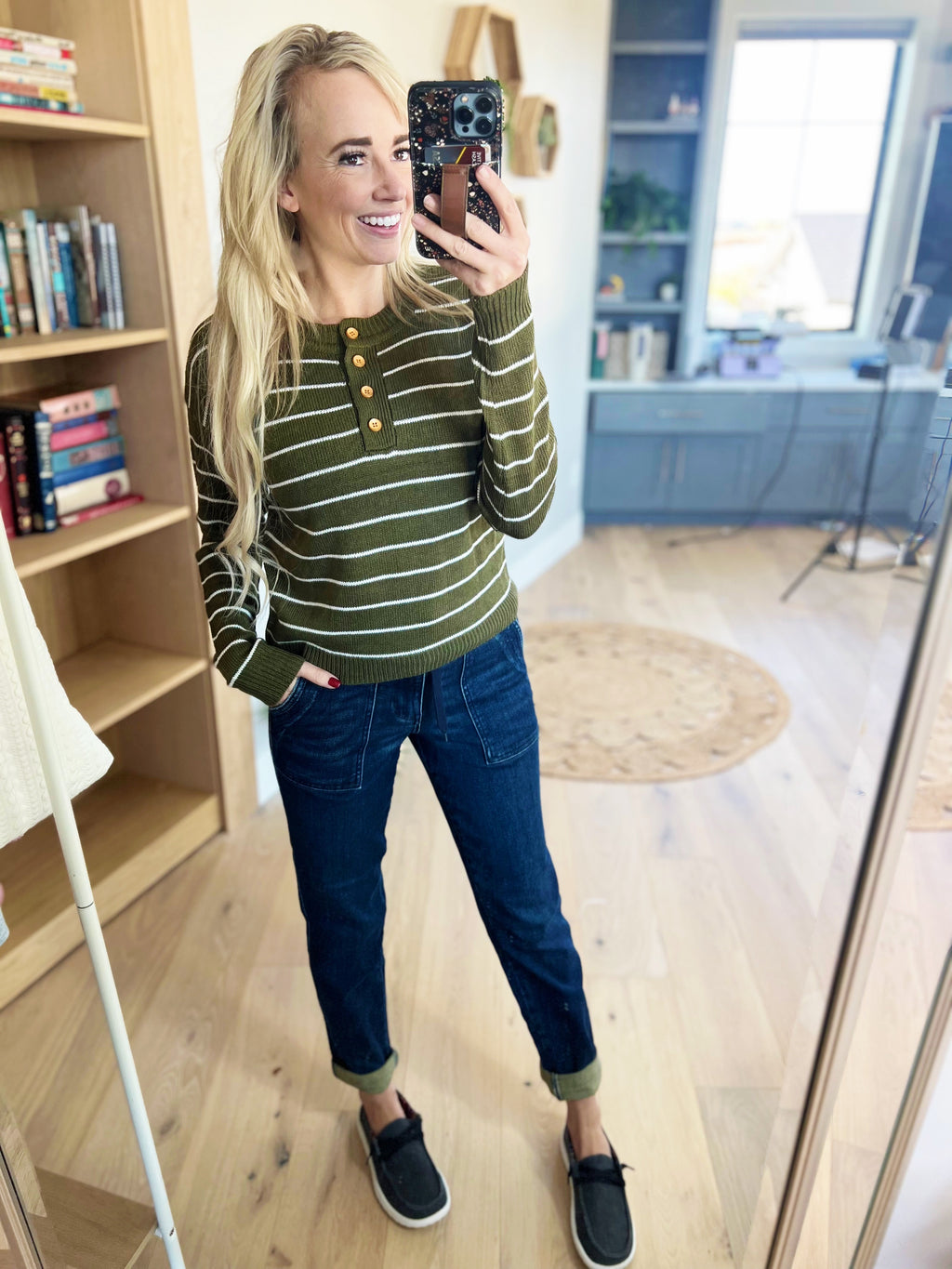 Good Intentions Long Sleeve Striped Top with Button Detail in Olive and Ivory (SALE)