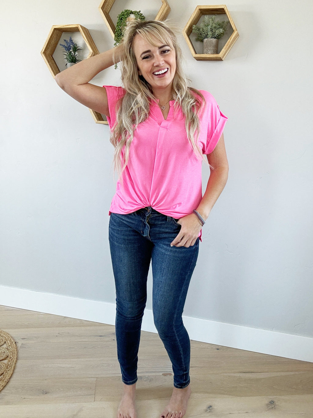 Be Happy Solid Wrinkle Free Top in Neon Pink