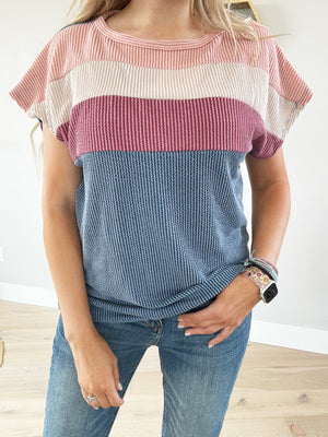 Reserved Ribbed Color Block Top Short Sleeve Top in Dark Denim