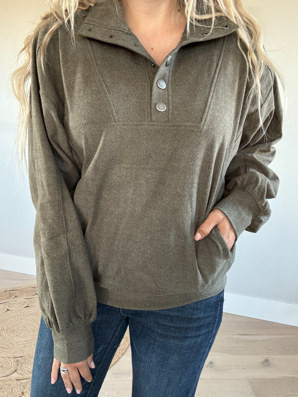 Stand Up Brushed Long Sleeve Top in Olive