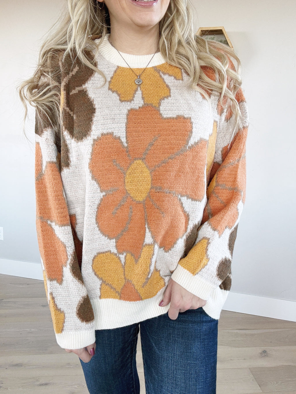 Turn Back Time Flower Patterned Round Neck Sweater in Oatmeal