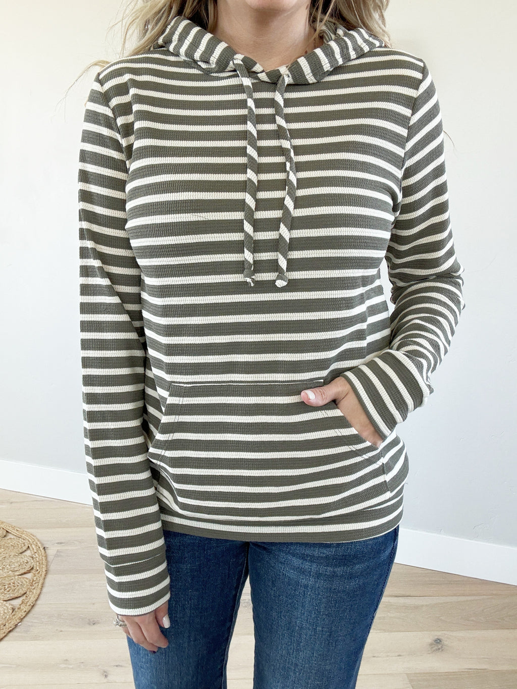 Private Beach Striped Hooded Top in  Olive