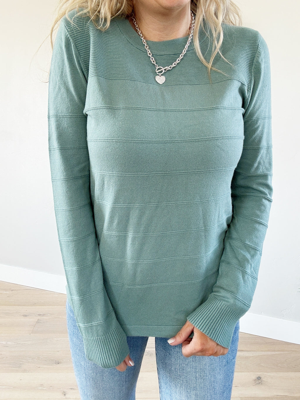 Believe Crew Neck Sweater with Pintucked Detail in Aqua