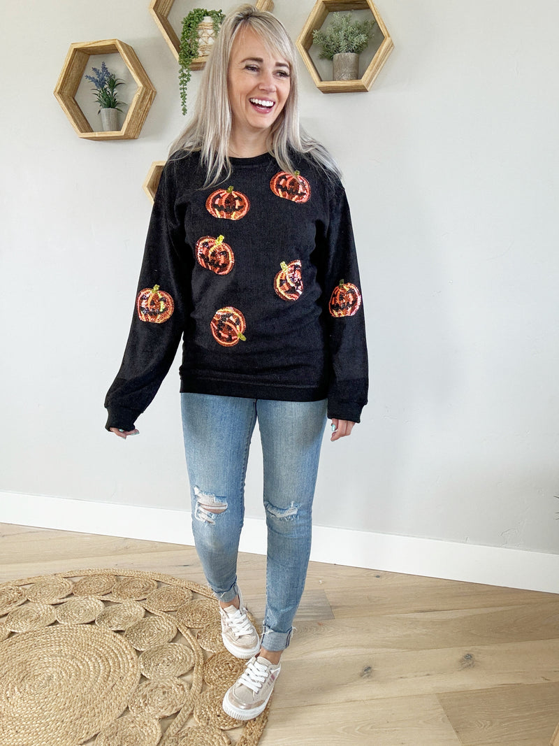 Sequin Pumpkin Corded Sweatshirt (Pink Label)