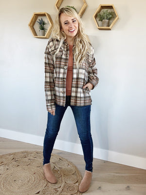 Bonfire Plaid Button Down Shacket in Taupe