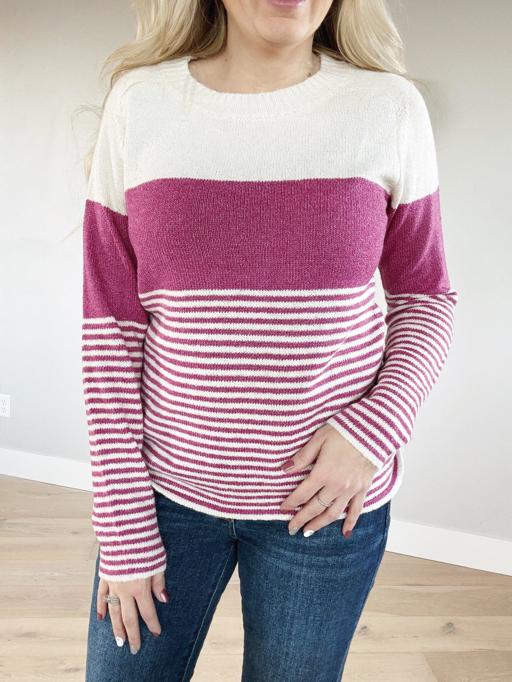 It's On Color Block Striped Crew Neck in Magenta