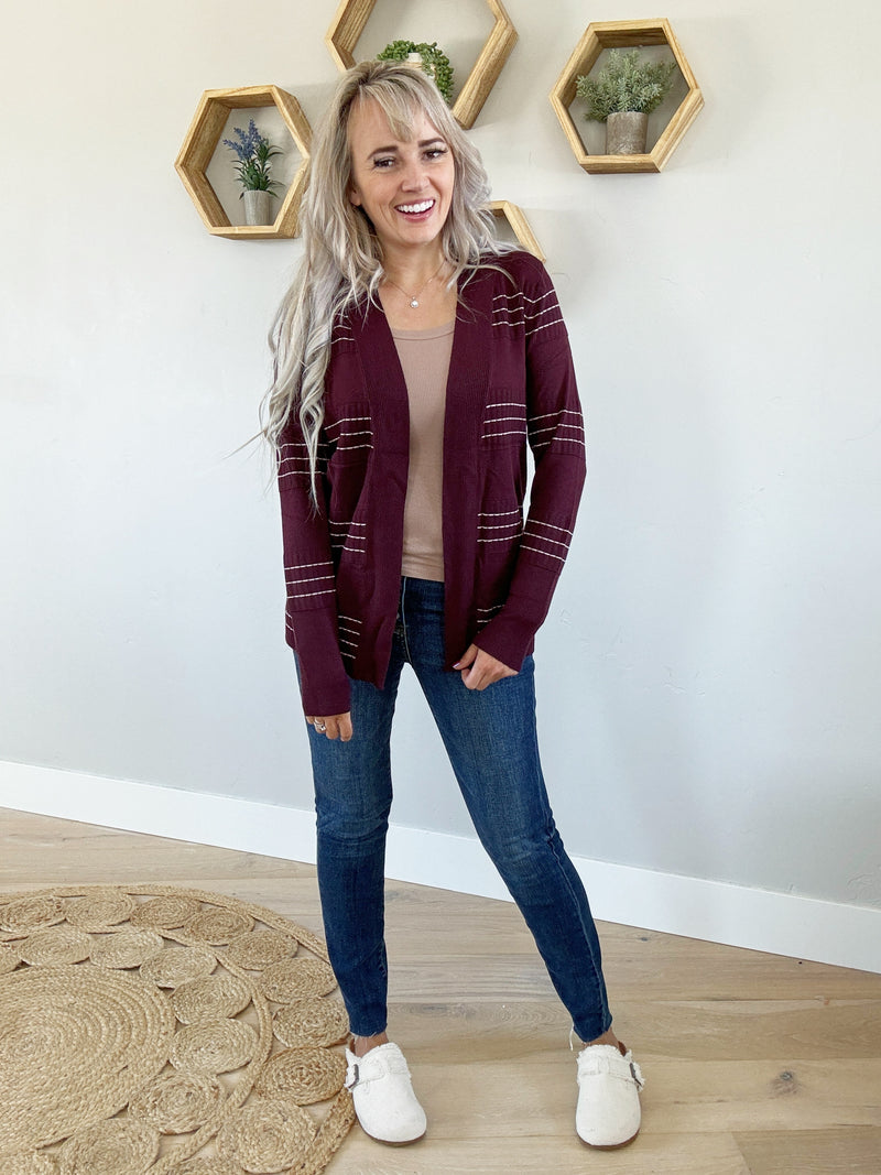 Anything's Possible Stitched Striped Open Cardigan in Fig