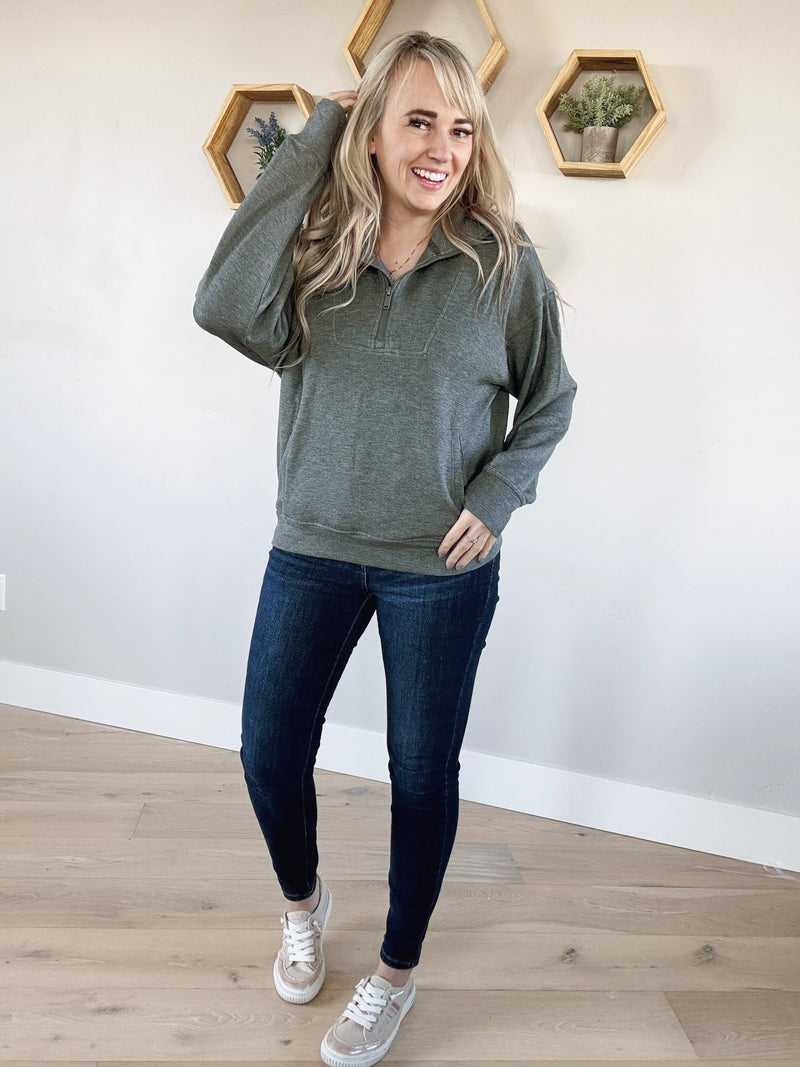 Don't Cry Modal Quarter Zip Pullover in Heather Charcoal