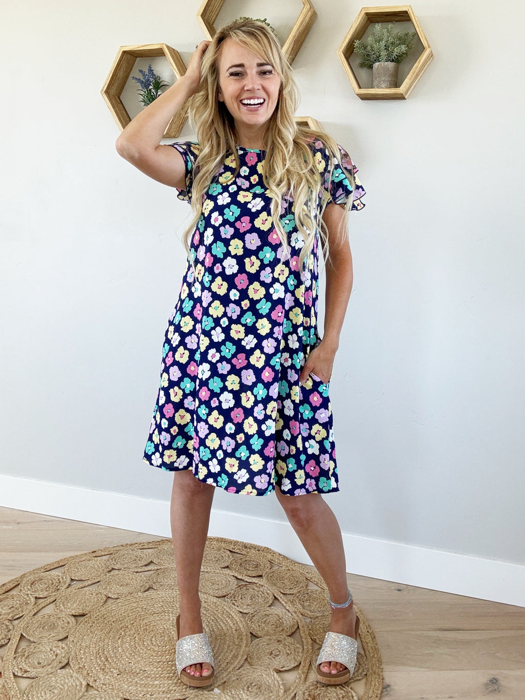 Let's Roll Floral Ruffled Short Sleeve Dress with Pockets