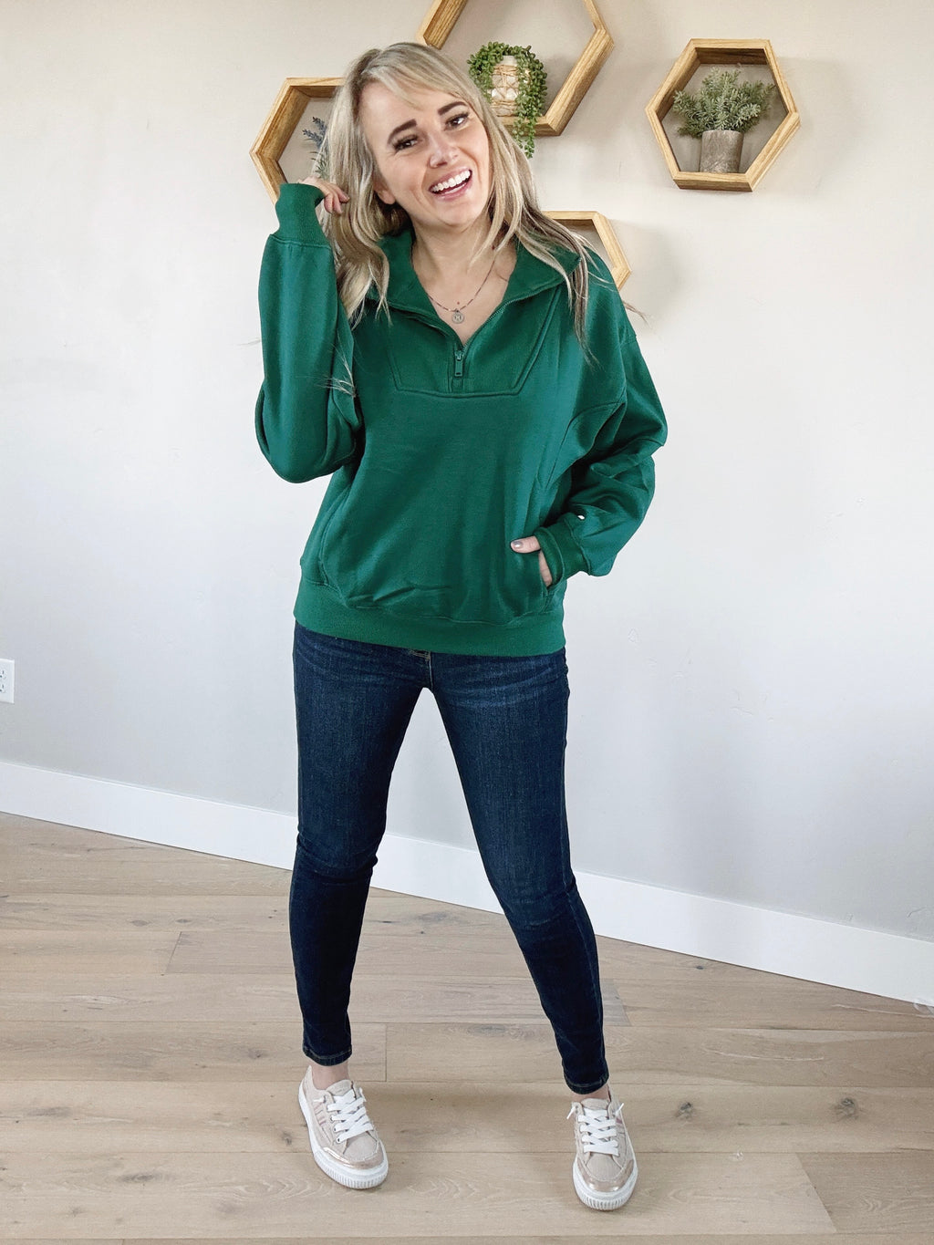 Gym Rat French Terry Quarter Zip Top in Hunter Green