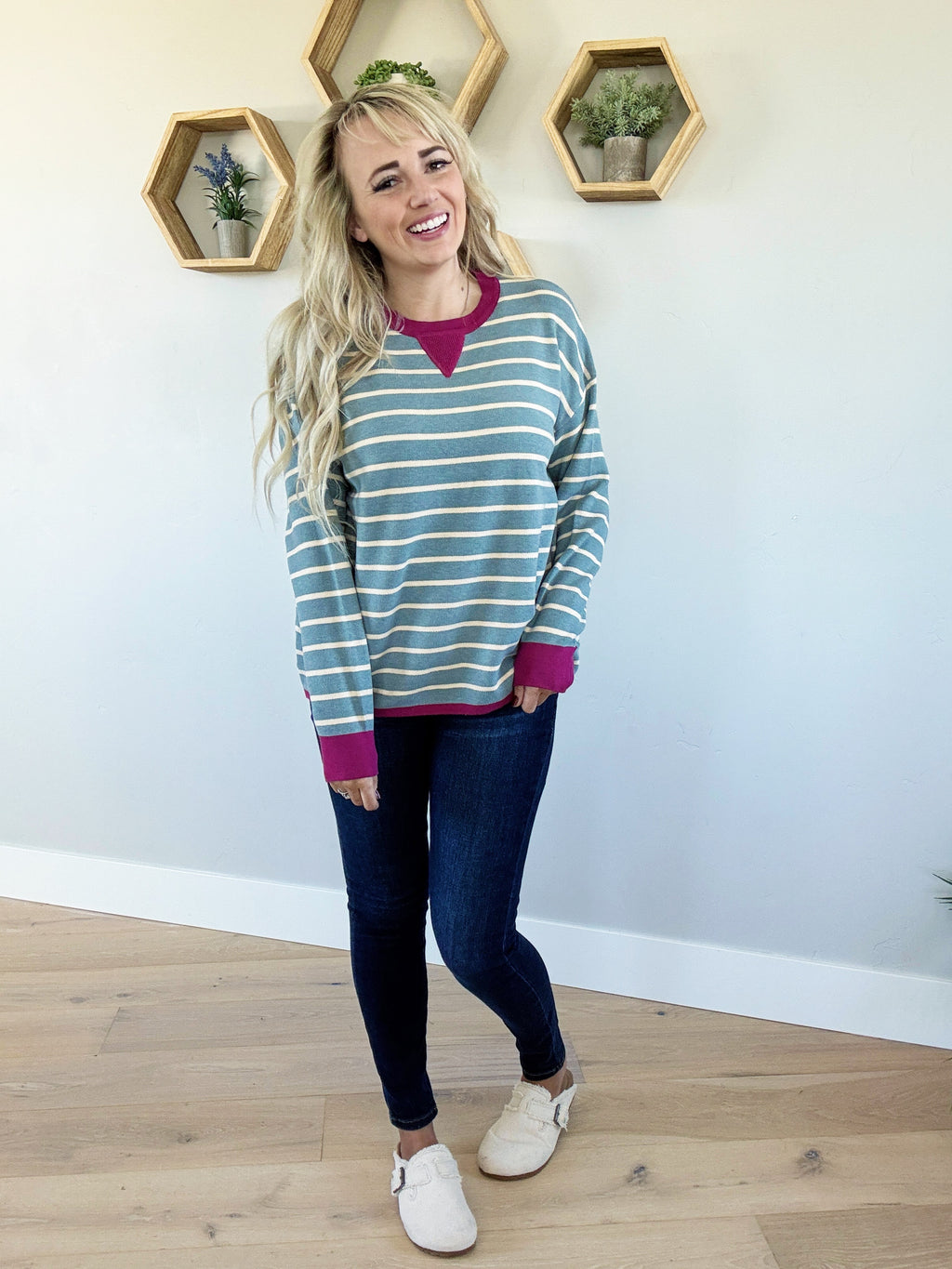 Electrified Striped Crew Neck in Slate