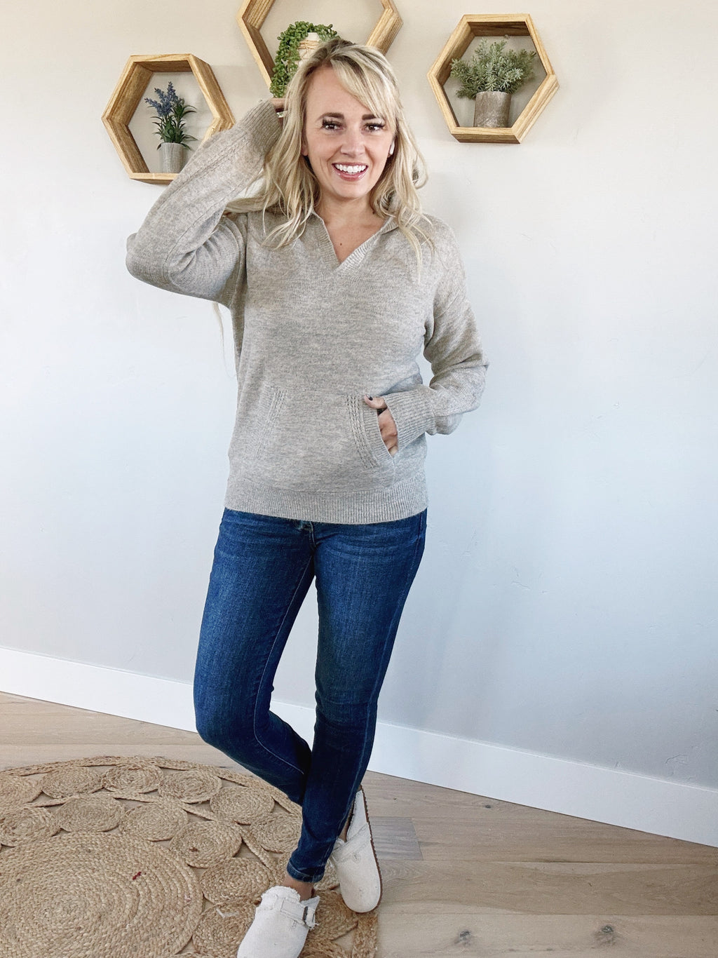 Undone Pointelle Soft Hoodie Sweater in Sand