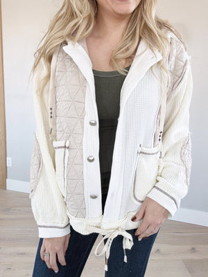 POL Into You Multi Fabric Hooded Shacket in Cream Beige