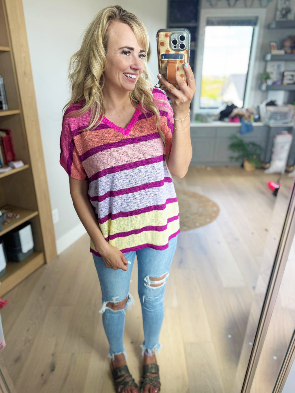 Mood Maker Striped V-Neck in Fuchsia Combo