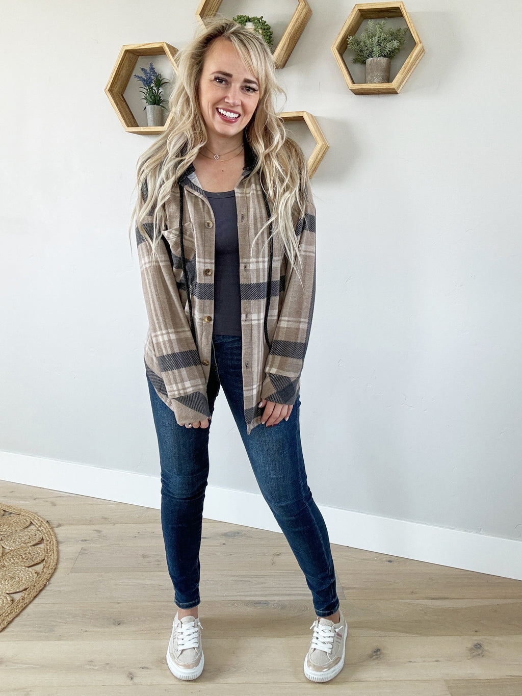 Something in the Air Plaid Button Down Hooded Shacket in Mocha Black