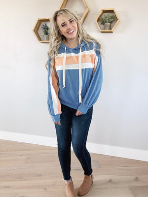 Lookin' Good Color Block Hoodie in Denim, Peach, and Ivory