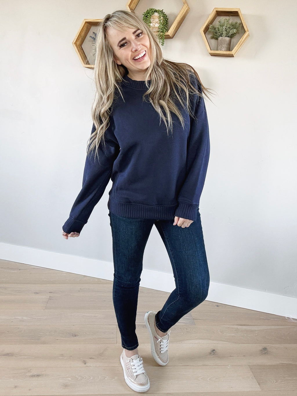 Little Bit of Love Fleece French Terry Crew Neck in Navy