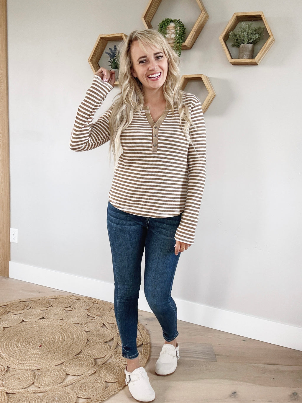 Agreeable Snow Wash Striped Henley Top in Taupe