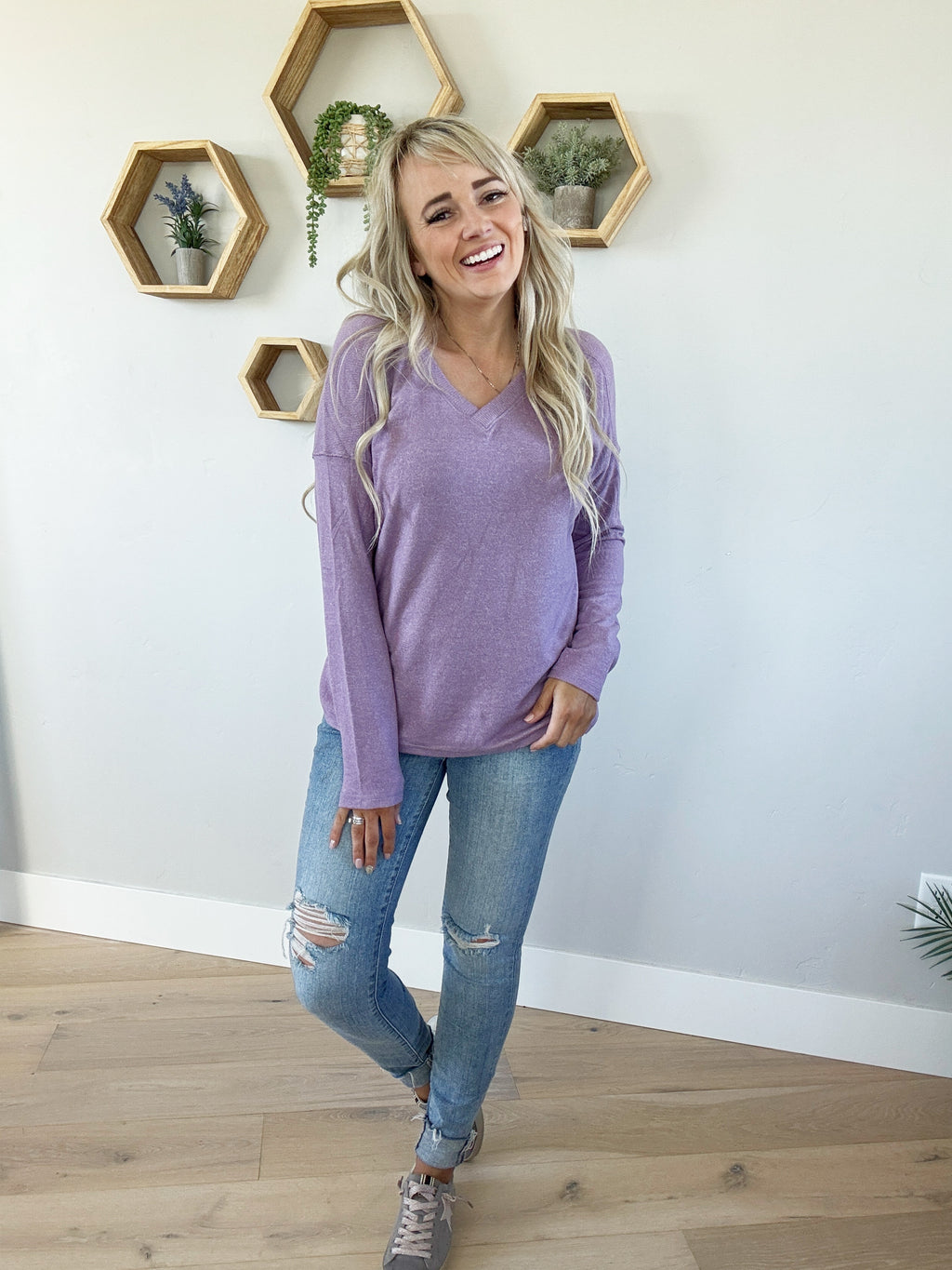 Just Ask V-Neck Long Sleeve in Grape