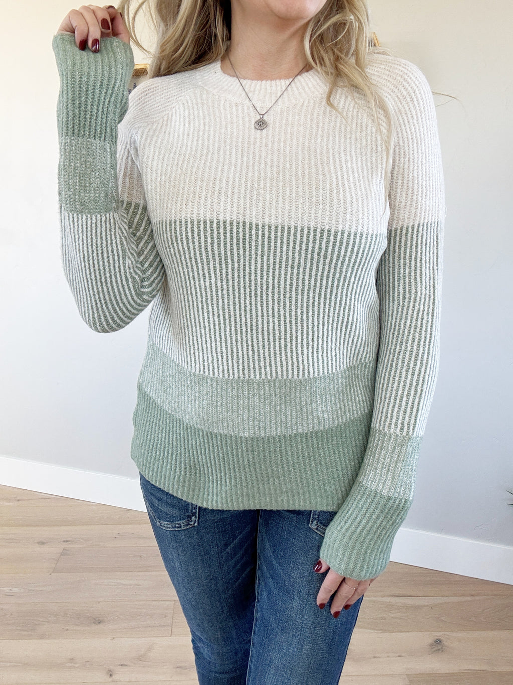 No Negativity Ribbed Color Block Sweater in Sage