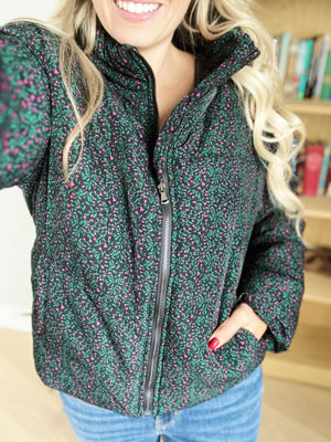 A Night Out Floral Puffer Jacket in Black (SALE)