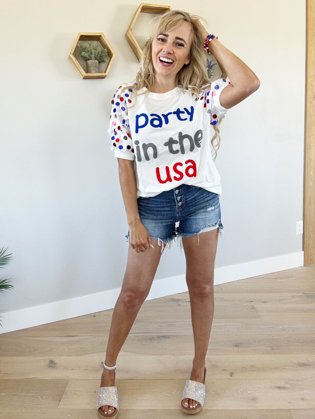Party in the USA Spangle Puff Sleeves Top