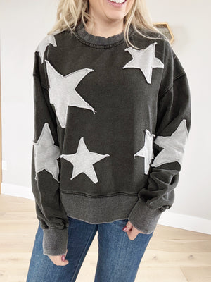 Night Sky Long Sleeve Top With Star Details in Washed Black