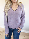 Strike A Pose Sweater with Scalloped Edge in Grape