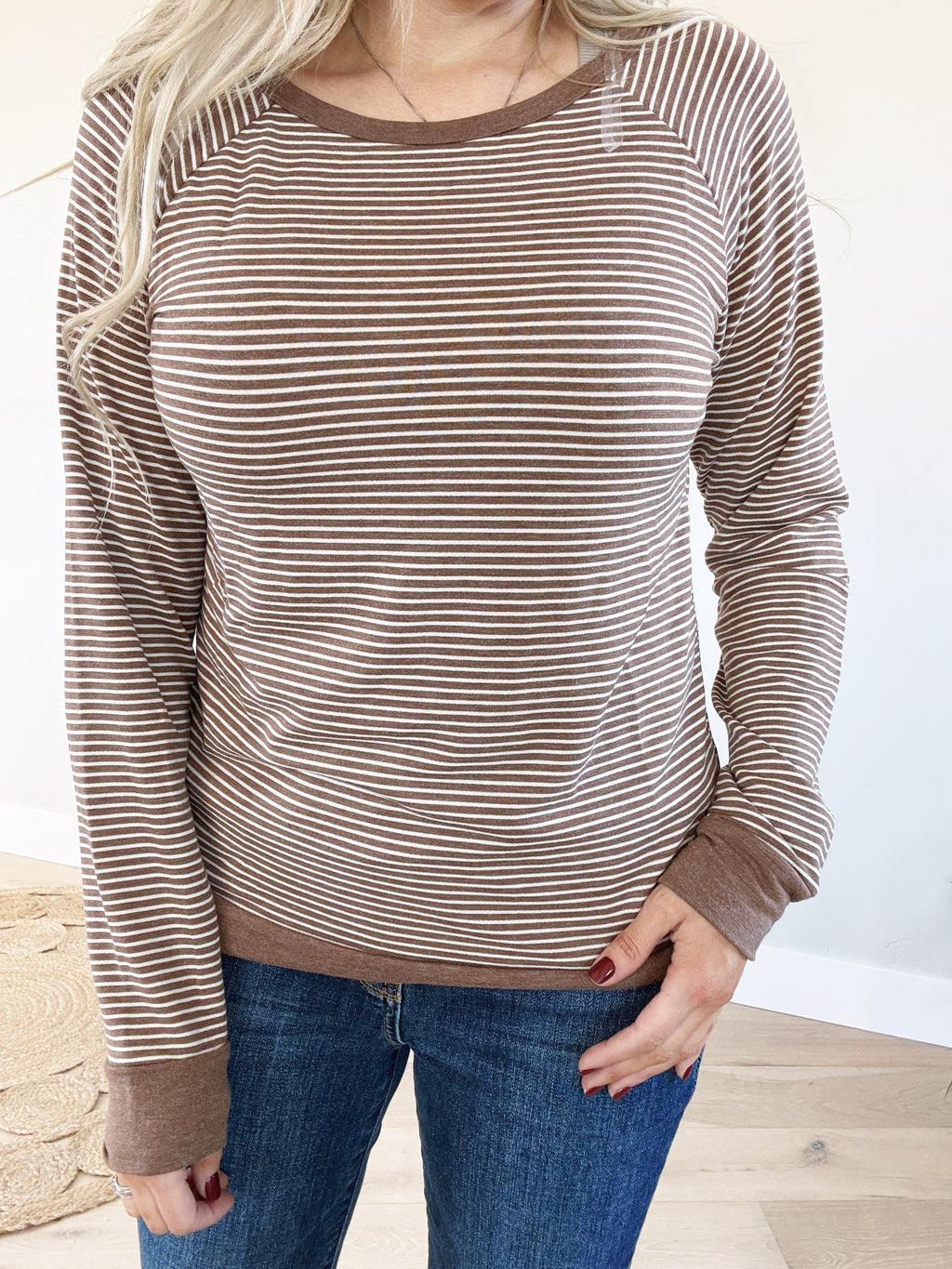 Look at You Raglan Sleeve Pinstriped Top in Brown