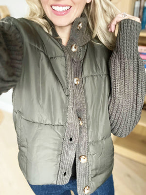 Precious Time Button Down Padded Sweater Jacket in Olive