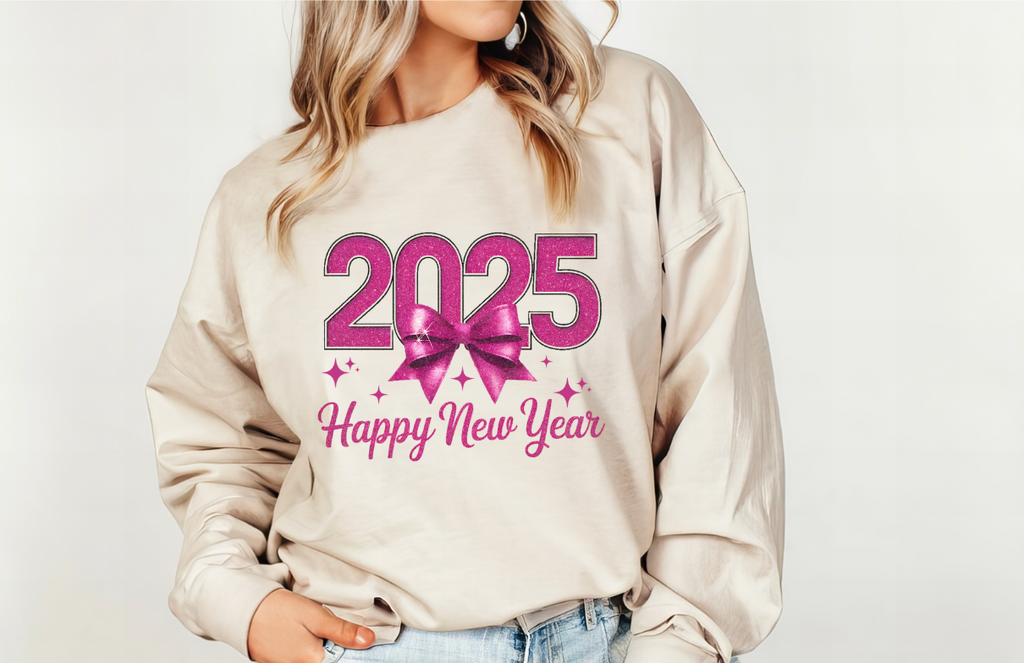 2025 Happy New Year Pink Bow Tee or Pullover