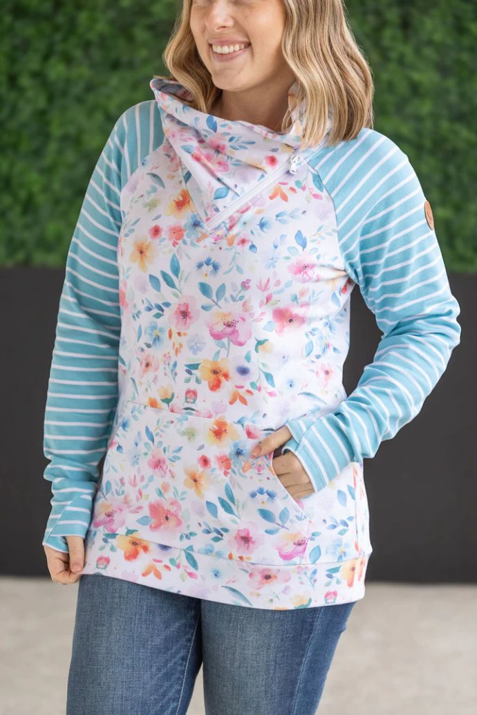 PREORDER Michelle Mae Zoey ZipCowl Sweatshirt - Watercolor Floral and Stripes