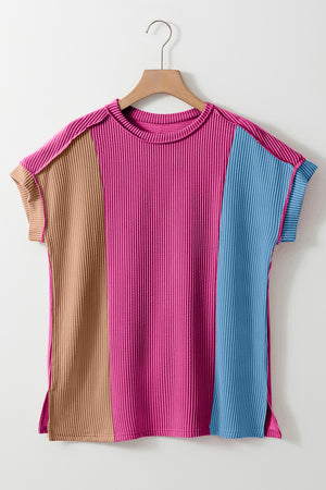 Color Block Round Neck Short Sleeve T-Shirt (Multiple Colors) (Pink Label)