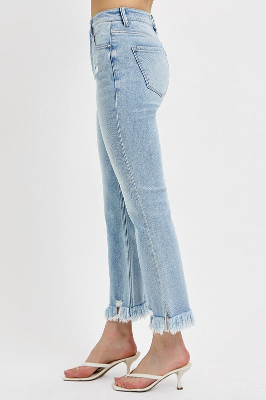 Risen Raw Hem Distressed Cropped Flare Jeans