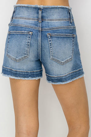 Risen High Rise Seam Detailed Raw Edge Denim Shorts