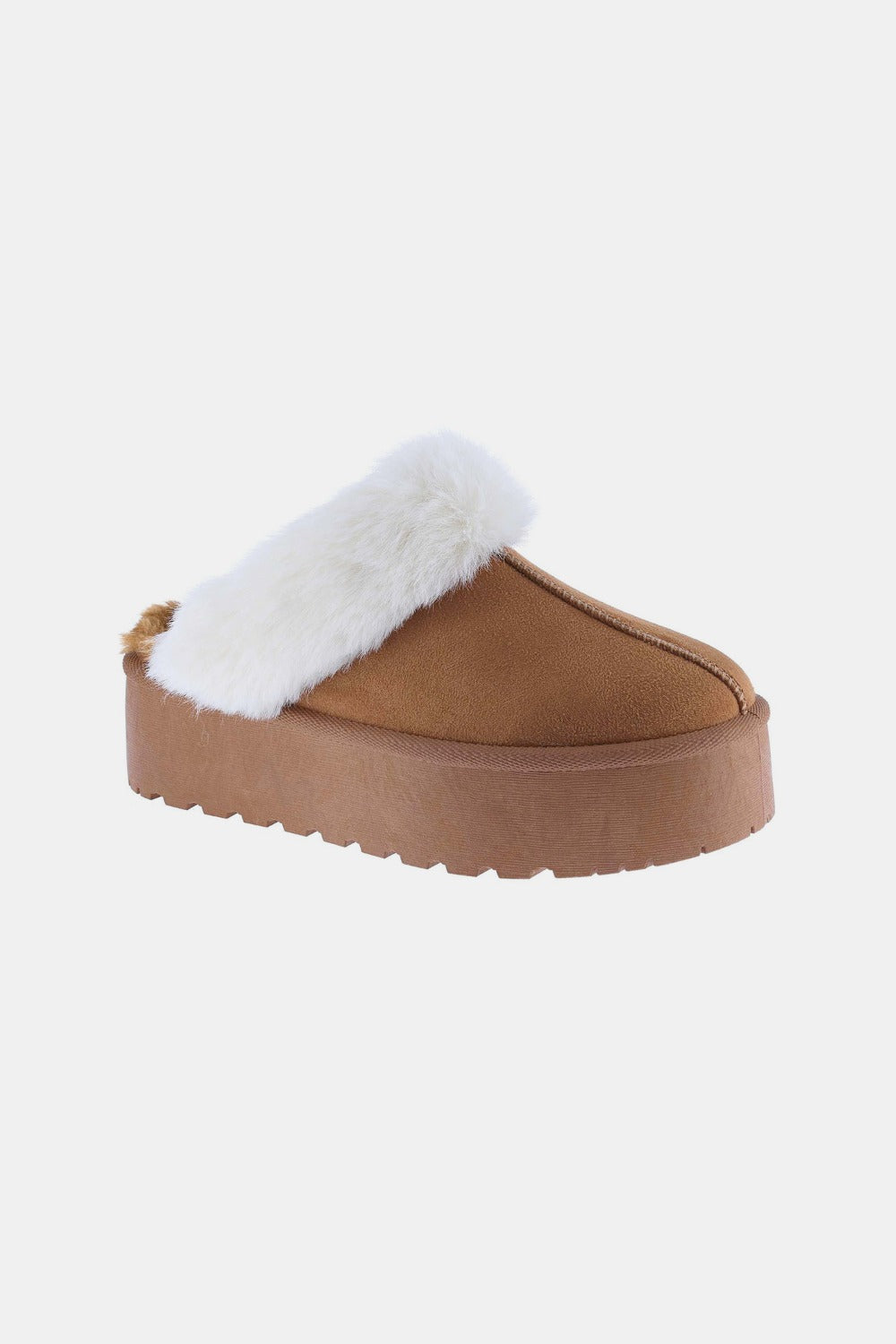 First Prize Thick Bottom Fur Trim Slipper Shoes in Tan