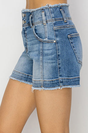 Risen High Rise Seam Detailed Raw Edge Denim Shorts